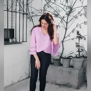 Blencot Blouse Top size L Loose Pink Lace Patchwork 3/4 bells mesh decor sleeve